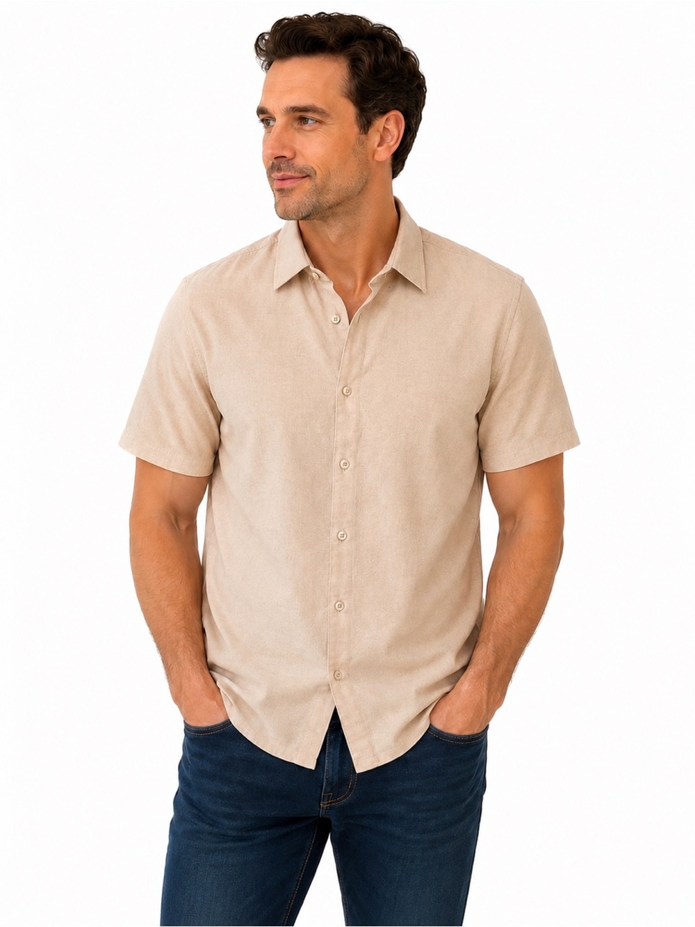 NWOT Café Luna Men’s L Beige Woven Short Sleeve Button-Up Shirt